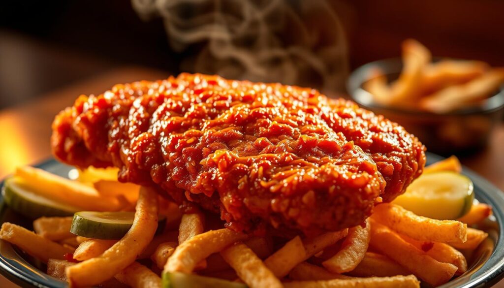 A sizzling, golden-brown fried chicken breast sits atop a bed of crisp, crinkly fries. Steam rises from the juicy meat, the skin glistening with a vibrant, chili-infused glaze. Scattered around the plate are sliced pickles, adding a tangy contrast to the rich, spicy flavors. The scene is bathed in warm, soft lighting, creating a cozy, inviting atmosphere. The camera angle is slightly elevated, emphasizing the delectable, mouthwatering details of this classic Southern dish. This is Chix Hot Chicken: a Nashville-style hot fried chicken that captures the essence of bold, unapologetic flavor.