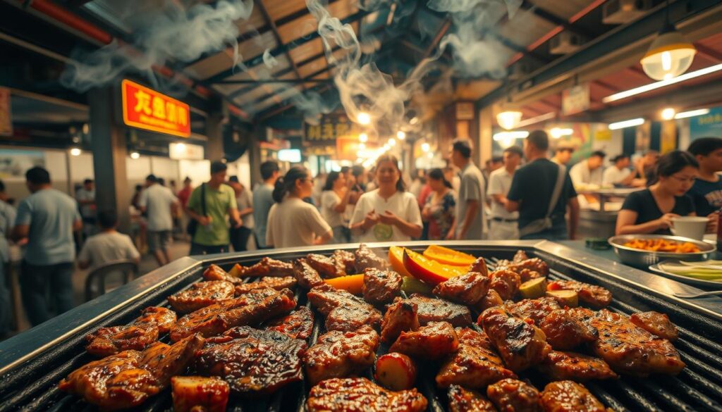 A sizzling grill set against the backdrop of a bustling open-air food court, with wisps of fragrant smoke drifting through the air. In the foreground, a selection of juicy, chargrilled meats and vegetables, glistening with a flavorful barbecue glaze. The middle ground features a lively crowd of diners enjoying their meals, capturing the vibrant atmosphere of a classic Singaporean hawker center. Warm, golden lighting casts a inviting glow, creating a cozy and convivial mood. A wide-angle lens captures the scene, showcasing the energy and energy of this beloved Western barbecue spot at the Old Airport Road Food Centre.