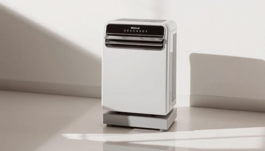 A sleek and compact Mistral MDH1022 dehumidifier, its minimalist design showcasing a chrome-accented front panel and intuitive control panel. The device stands on a sturdy base, casting a subtle shadow on the smooth, reflective surface beneath. Soft, diffused lighting illuminates the unit, highlighting its clean lines and modern aesthetic. The scene is captured from a slightly elevated angle, allowing the viewer to appreciate the dehumidifier's compact footprint and efficient form factor. An atmosphere of understated sophistication and practicality pervades the image, conveying the device's suitability as a "Best Value Dehumidifier" for the Singaporean market.