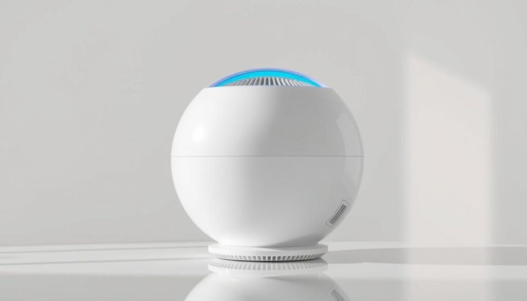 A sleek and modern air purifier with a minimalist design. The Sterra Moon hovers elegantly on a reflective surface, its smooth white exterior gleaming under soft, natural lighting. The device's circular shape is accentuated by a halo-like ring of blue LED lights, creating a serene, almost otherworldly ambiance. The purifier's advanced filtration system is subtly implied through strategically placed vents and grilles. The background is a clean, bright space, allowing the Sterra Moon to take center stage and showcase its refined aesthetic. Overall, the image conveys a sense of technological sophistication and wellness, perfectly suited to illustrate a detailed review of this high-performance air purifier.