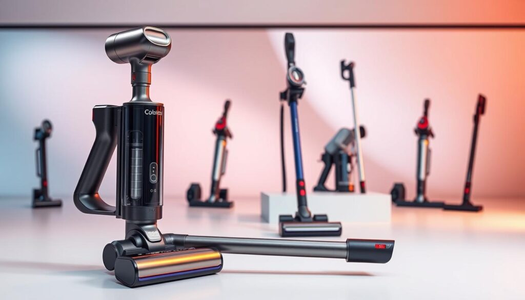 A sleek and modern cordless vacuum cleaner models arranged in a well-lit studio setting. The foreground features a premium cordless vacuum with a minimalist design, brushed metal accents, and a high-tech display. In the middle ground, additional cordless vacuum models of varying styles and colors are elegantly displayed on a clean, white surface. The background showcases a softly blurred yet visually appealing setting, with a subtle gradient that accentuates the products. Warm, directional lighting creates a sense of depth and highlights the key features of the vacuum cleaners. The overall composition conveys a sense of sophistication, functionality, and the latest advancements in cordless vacuum technology.