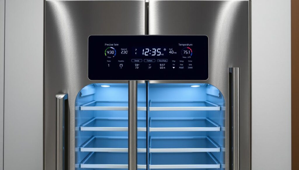 A sleek and modern fridge with a prominent digital display showcasing precise temperature controls. The stainless steel exterior gleams under bright studio lighting, giving it a high-end, professional appearance. The door handles are seamlessly integrated, maintaining a clean, minimalist design. The interior is illuminated, revealing ample storage space and adjustable shelves. The overall impression is one of advanced technology and efficient temperature regulation, perfectly suited for a discerning homeowner seeking the latest in refrigeration innovation.