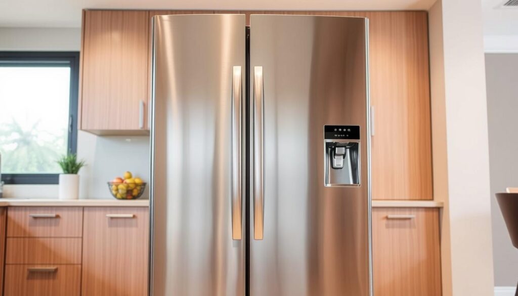 A sleek and modern side-by-side refrigerator stands prominently in the frame, its stainless steel exterior gleaming under the warm, even lighting. The water dispenser is clearly visible on the right side of the fridge, its chrome finish complementing the overall aesthetic. The refrigerator is situated in a spacious, well-appointed kitchen with neutral-toned cabinetry and countertops, creating a harmonious and inviting atmosphere. The camera angle emphasizes the fridge's impressive size and features, showcasing its role as the centerpiece of the kitchen. The image captures the essence of a high-quality, reliable refrigerator that would be an excellent choice for the "Best Overall Refrigerator" in the Singaporean market.