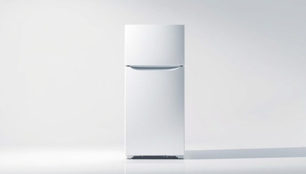A sleek and modern top freezer refrigerator design, captured in a softly lit studio setting. The refrigerator's streamlined silhouette takes center stage, with a matte white finish that exudes a clean, minimalist aesthetic. The freezer compartment is prominently positioned at the top, accentuating its practical and space-saving nature. Subtle reflections on the surface create a sense of depth and dimension, while the background fades into a soft, diffused gradient, allowing the appliance to be the focal point. The lighting is carefully angled to highlight the refrigerator's smooth curves and contours, conveying a sense of sophistication and functionality.