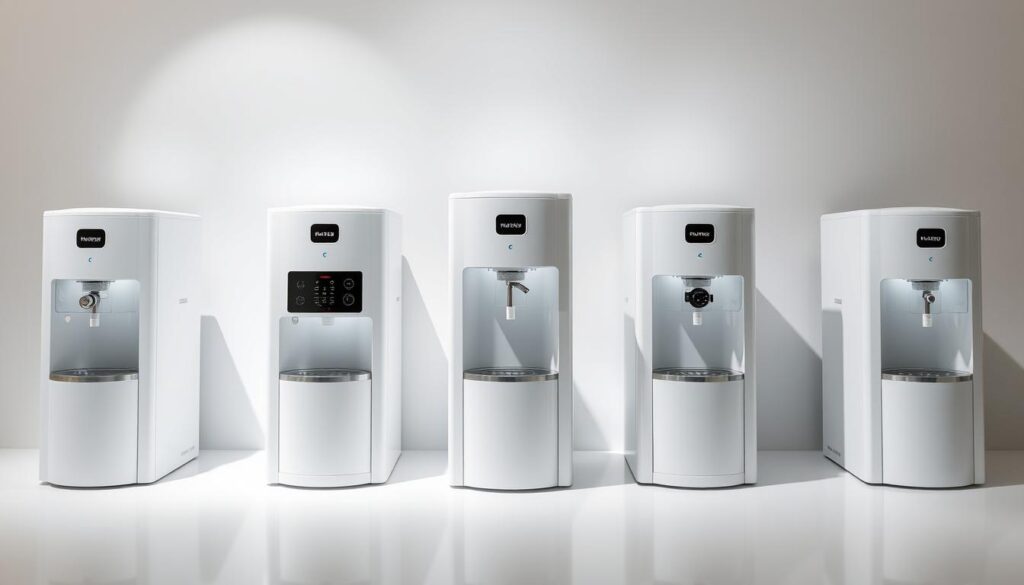 A sleek and modern water dispenser arrangement, showcasing five top-of-the-line models against a minimalist backdrop. The dispensers are displayed in a symmetrical layout, each with a clear glass carafe and intuitive control panels. Soft, directional lighting illuminates the pristine white surfaces, creating a sense of sophistication and refinement. The overall composition conveys a high-end, premium aesthetic suitable for a discerning Singaporean consumer market. The scene is captured from a slightly elevated angle, providing a comprehensive view of the featured water dispensers.
