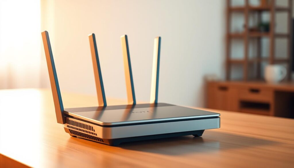 A sleek and modern wi-fi router standing prominently on a minimalist wooden desk, casting a soft glow in a warm, well-lit home office setting. The router's metallic casing reflects the ambient lighting, adding a touch of elegance. The device is positioned at a slight angle, showcasing its thoughtfully designed form and multiple antennas. The background is blurred, keeping the focus on the router as the central subject. The overall atmosphere is one of sophistication and technological prowess, perfectly complementing the "Best Broadband Plans with Free Routers" section of the article.
