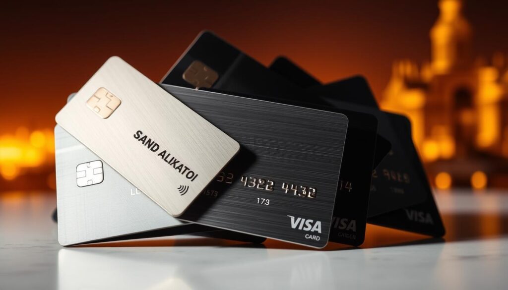 A sleek and sophisticated set of credit cards, their metallic surfaces gleaming under warm, directional lighting. The cards are arranged in a dynamic composition, some overlapping, others fanned out to showcase their distinctive designs. The background features a subtle, blurred cityscape, hinting at the global reach and international spending power of these premium financial tools. The cards are positioned to convey a sense of luxury, status, and the effortless ability to make purchases abroad. A sense of refined elegance and cosmopolitan style permeates the scene.