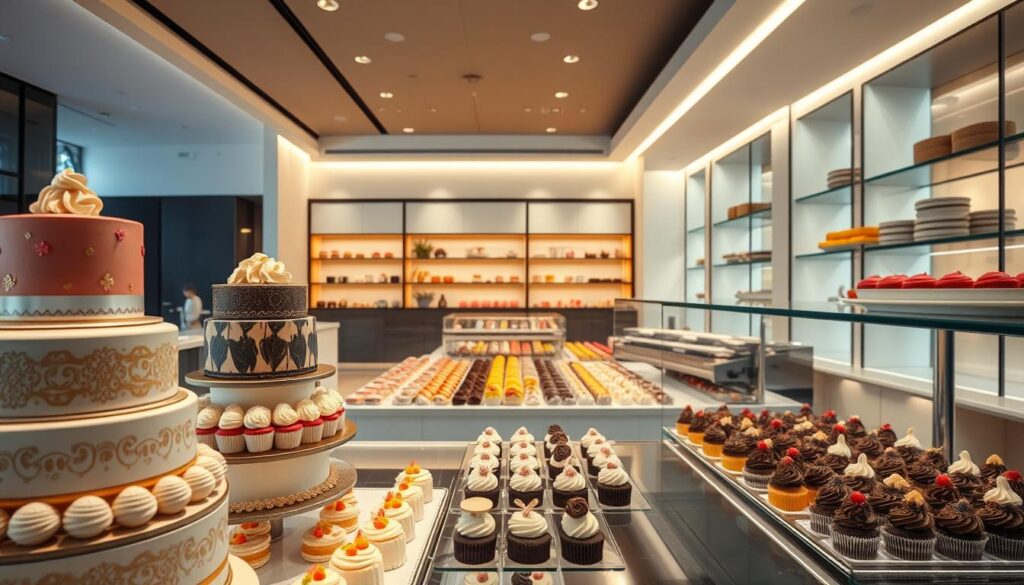 A sleek, contemporary cake shop interior, showcasing an array of delectable pastries and confections. The foreground features an elegant display of tiered cakes, expertly decorated with intricate patterns and vibrant colors. In the middle ground, rows of individual desserts, from fluffy chiffon to rich chocolate, tempt the senses. The background depicts a minimalist, well-lit space with clean lines and modern furnishings, creating a sophisticated ambiance. The lighting is soft and warm, casting a cozy glow over the scene. A sense of quality and attention to detail pervades the image, inviting the viewer to imagine the flavors and textures of the displayed treats.