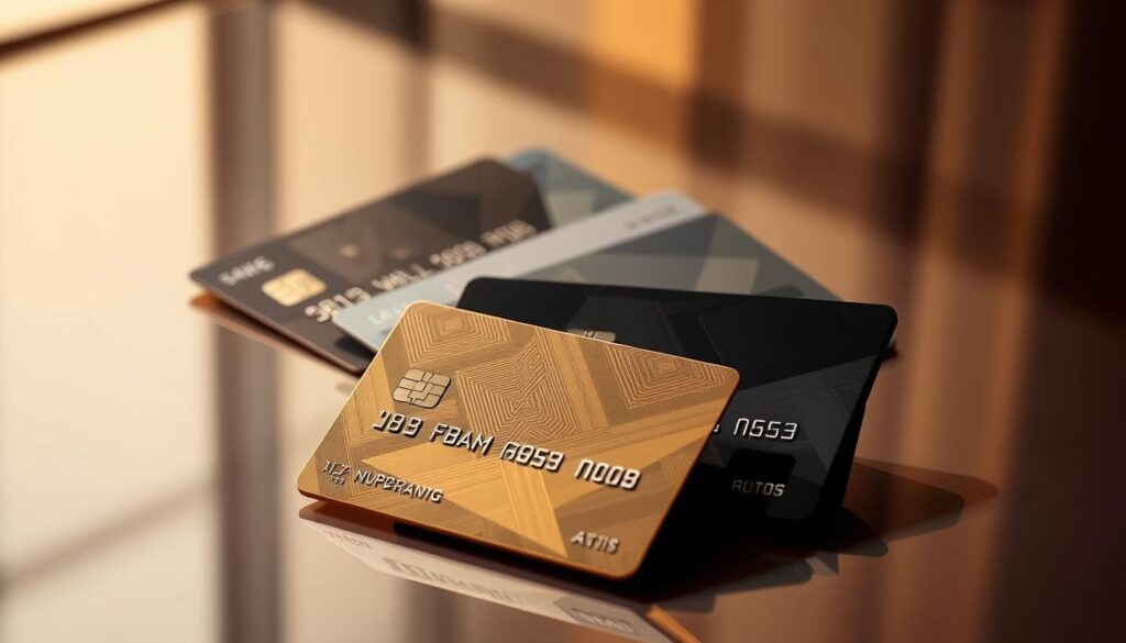 A sleek, metallic assortment of premium credit cards positioned elegantly on a reflective surface. The cards gleam under soft, warm lighting, casting subtle shadows that accentuate their angular designs and embossed logos. The foreground features a trio of cards in various shades of gold, silver, and black, each emblazoned with intricate patterns and embellishments that convey a sense of luxury and exclusivity. In the middle ground, additional cards are arranged in an artistic, overlapping layout, creating a visually compelling composition. The background is a subtly blurred, reflective plane that amplifies the sophisticated, high-end aesthetic of the scene.