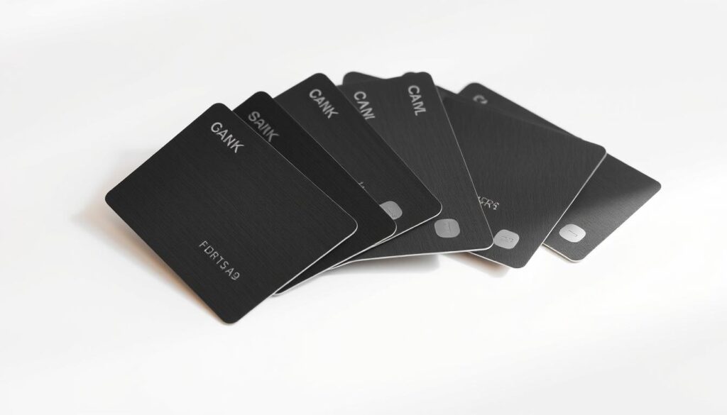 A sleek, minimalist composition of credit cards arranged in a fan-like pattern against a clean, bright background. The cards are depicted in a high-quality, photorealistic style, with attention to intricate details such as embossed logos, metallic finishes, and subtle shadows. The lighting is soft and diffused, creating a sense of depth and dimension. The overall mood is modern, elegant, and inviting, reflecting the high-end, premium nature of the subject matter. The image conveys the idea of effortless, seamless online shopping with the best miles credit cards available in Singapore.