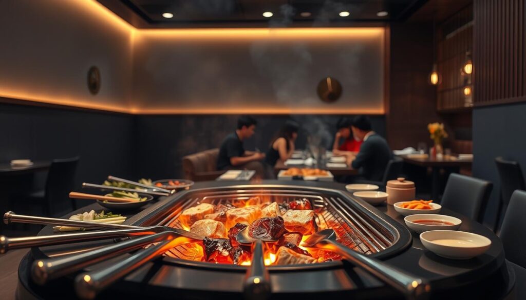 A sleek, modern Korean BBQ restaurant interior with a focus on the centerpiece seorae charcoal grill. Warm, ambient lighting casts a cozy glow over the dark wood and slate gray decor. In the foreground, a close-up of the grill's glowing embers, their gentle orange hues reflecting off polished stainless steel utensils. Arrayed around the grill, fresh vegetables, marinated meats, and dipping sauces await to be expertly grilled. The middle ground features diners gathered around the table, engaged in lively conversation as the sizzle of meat on hot coals fills the air. In the background, the restaurant's clean lines and minimalist design create a sophisticated, relaxing atmosphere ideal for an authentic Korean BBQ experience.