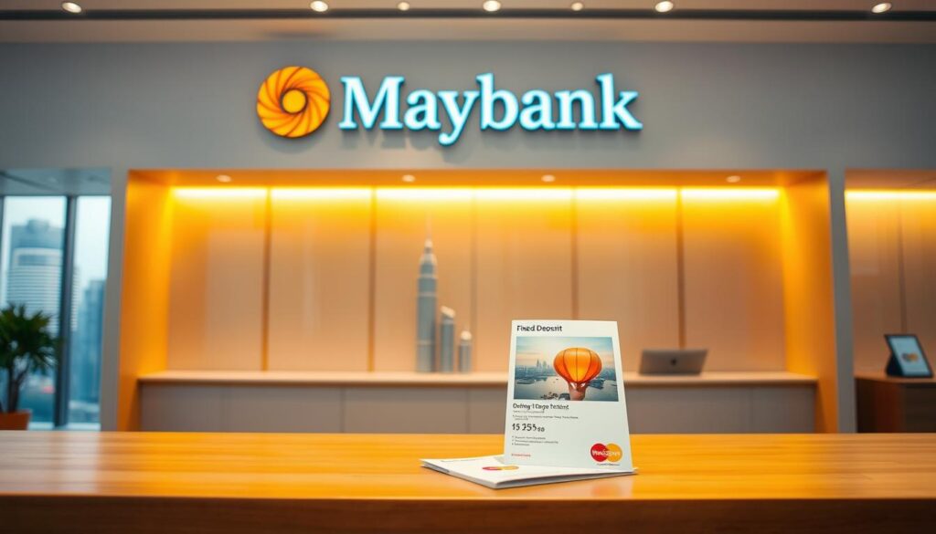 A sleek, modern bank interior with a prominent Maybank logo on the wall. The lighting is warm and inviting, creating a sense of professionalism and trustworthiness. In the foreground, a wooden desk with a minimalist design showcases a neatly displayed fixed deposit brochure. The background features large windows overlooking a bustling city skyline, emphasizing the bank's stability and connection to the financial hub. The overall composition conveys the reliability and high-quality service associated with Maybank's fixed deposit offerings.