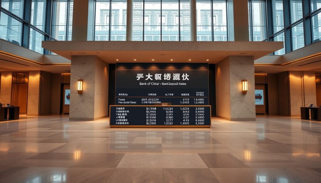 A sleek, modern bank lobby with a prominent marble counter and brass accents. In the foreground, a crisp display showcases the Bank of China's fixed deposit rates, with clear and legible typography. The background features large floor-to-ceiling windows, allowing natural light to flood the space and create a warm, inviting atmosphere. The lighting is soft and diffused, creating a sense of professionalism and sophistication. The overall composition is balanced and symmetrical, with a sense of depth and perspective that draws the viewer's eye to the central display. The color palette is muted and elegant, with shades of beige, gray, and gold predominating.