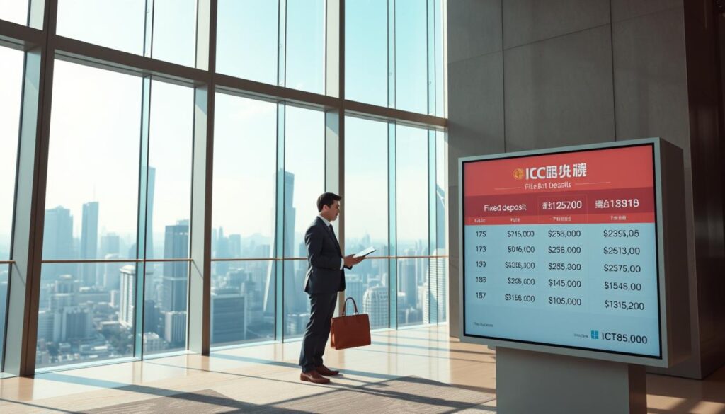 A sleek, modern banking hall with floor-to-ceiling windows overlooking a bustling city skyline. In the foreground, a stylish display showcases the ICBC bank's fixed deposit rates, presented on a minimalist digital screen with clean typography and a sophisticated color palette. The middle ground features a smartly dressed banker discussing the rates with a customer, their conversation captured in a soft, natural lighting. The background depicts the cityscape, with towering skyscrapers and a vibrant, industrious atmosphere. The overall scene conveys a sense of professionalism, financial security, and the reliability of ICBC's fixed deposit offerings.