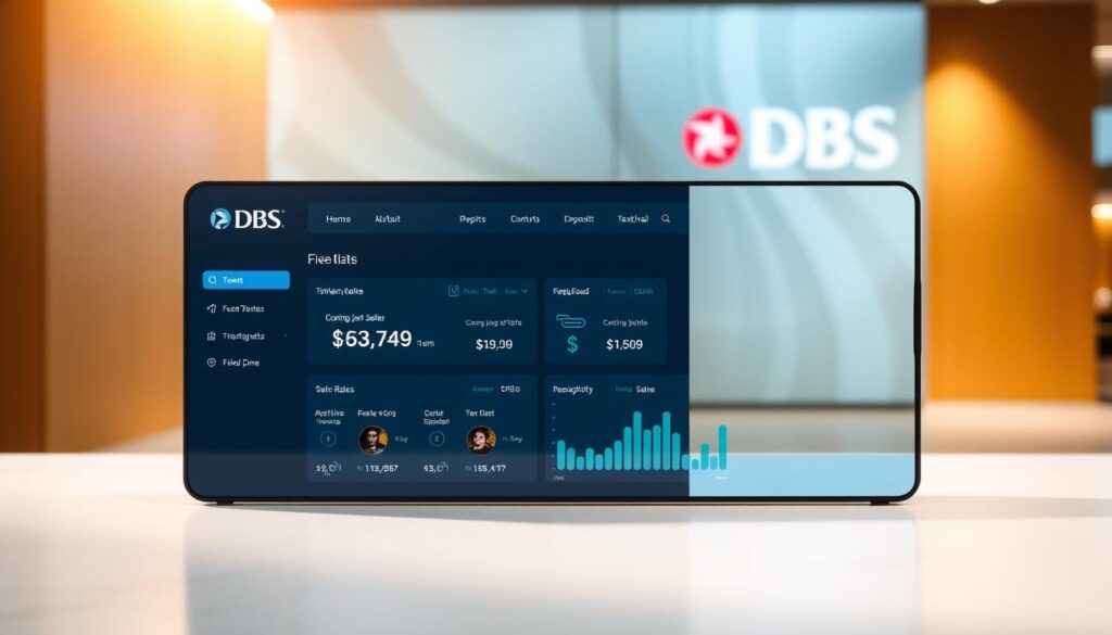 A sleek, modern banking interface depicting a DBS fixed deposit account. The foreground shows a polished, minimalist dashboard with clean typography and infographic elements highlighting the current interest rates and deposit terms. The middle ground features a subtle, blurred background of the DBS logo and branded colors, conveying trust and reliability. Soft, directional lighting casts a warm, professional glow across the interface, creating a calming, informative atmosphere. The overall composition emphasizes the key details of the DBS fixed deposit product in a visually striking, easy-to-digest manner.