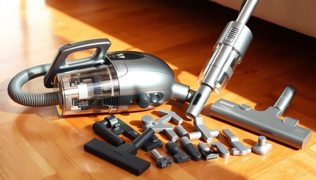 A sleek, modern canister vacuum cleaner resting on a hardwood floor, its metallic body gleaming under warm, natural lighting. The canister features a transparent dust compartment, allowing the user to observe the collected debris. Numerous attachment tools are neatly organized next to the vacuum, ready for versatile cleaning tasks. The scene conveys a sense of efficiency and practical design, perfectly suited for the "Best Canister Vacuum Cleaners for Versatility" section of the article.