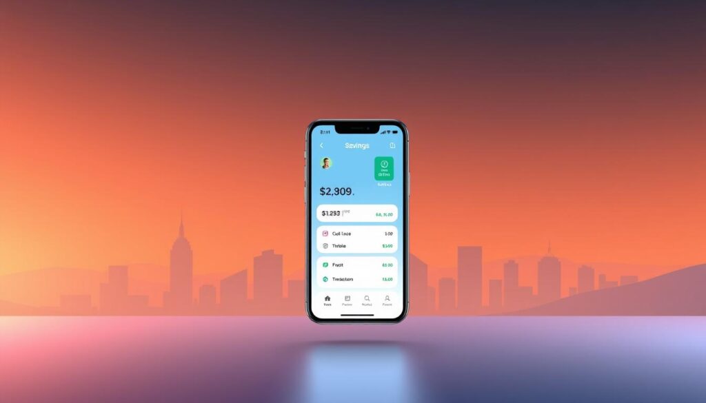 A sleek, modern digital banking interface showcasing the GXS Savings Account. Centered in the frame, a stylized illustration of a mobile device displays the account details - balance, interest rate, and transaction history. The background features a minimalist cityscape, conveying a sense of urban sophistication. Subtle warm lighting and soft gradients create a calming, inviting atmosphere. The overall design is clean, visually appealing, and optimized for digital presentation, reflecting the digital-first nature of the GXS Savings Account.