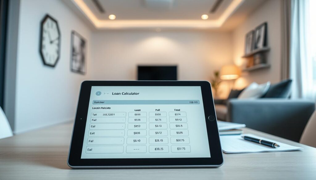 A sleek, modern home interior with clean lines and neutral tones. In the foreground, a tablet or laptop screen displays a detailed loan calculator, showcasing the lock-in period and early repayment fees. Soft, directional lighting illuminates the scene, creating a sense of professionalism and attention to detail. The middle ground features a meticulously organized desk with a pen, notebook, and a stack of paperwork, hinting at the financial decision-making process. The background subtly blurs, drawing the viewer's focus to the central elements, the loan calculator and the associated fees.
