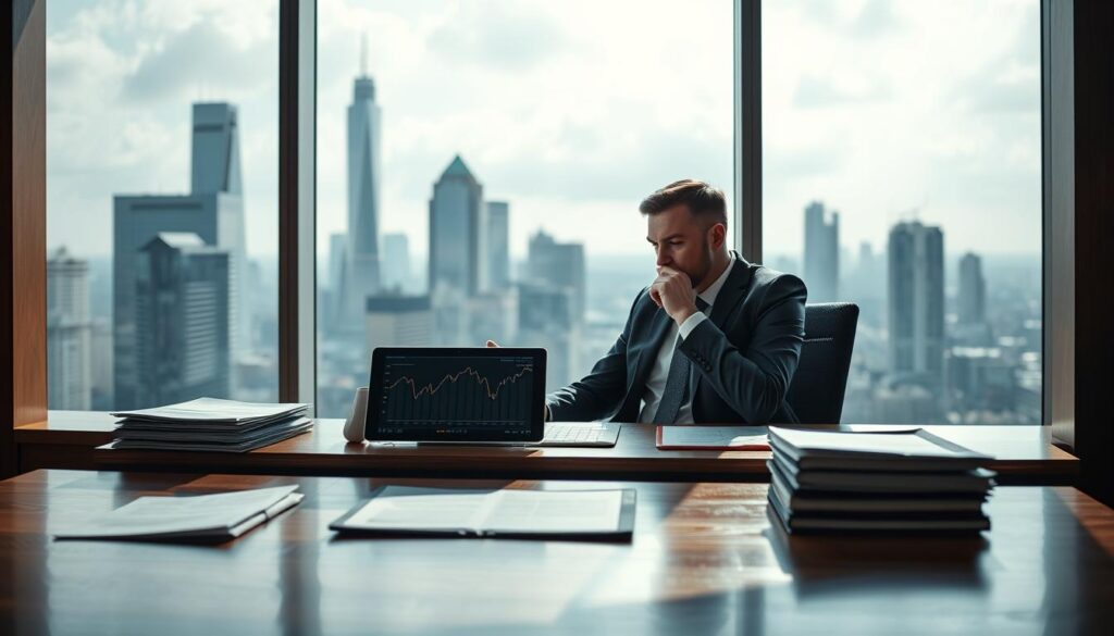 A sleek, modern office workspace with a polished wooden desk and a large window overlooking a bustling city skyline. On the desk, a stack of financial documents and a tablet displaying a graph of fluctuating interest rates. A focused businessman in a crisp suit sits at the desk, deep in thought, contemplating the impact of these rates on his lending business. Soft, directional lighting casts dramatic shadows, creating a sense of urgency and importance. The overall mood is one of professionalism, financial analysis, and strategic decision-making.