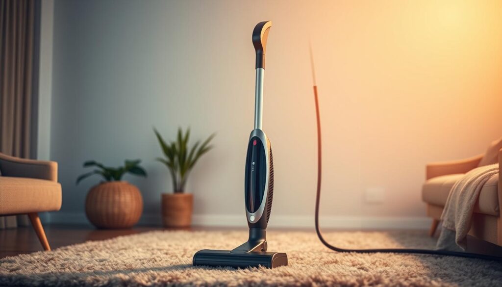 A sleek, modern pet hair vacuum cleaner stands prominently in the center of the frame, its powerful suction nozzle ready to tackle stubborn pet fur. The machine is bathed in warm, diffused lighting, creating a soft, inviting atmosphere. The background features a cozy, minimalist living room setting, with a plush rug and a few carefully placed houseplants, complementing the vacuum's contemporary design. The overall composition conveys a sense of efficiency and practicality, perfectly suited for the needs of pet owners seeking a reliable and effective cleaning solution.