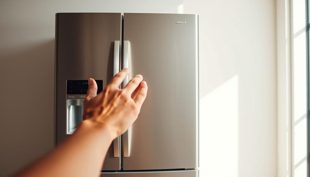A sleek, modern refrigerator set against a bright, minimalist backdrop. The main focus is on the refrigerator's energy-efficient features, with a clear view of the digital control panel, energy efficiency rating, and insulation details. The refrigerator is illuminated by natural light, casting soft shadows and highlighting its clean lines and stainless steel finish. In the foreground, a hand reaches out to open the refrigerator door, showcasing its intuitive, user-friendly design. The overall mood is one of efficiency, innovation, and thoughtful design, complementing the article's focus on key factors to consider when buying a refrigerator.