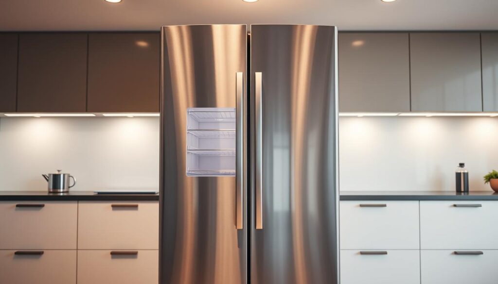 A sleek, modern side-by-side refrigerator standing in a stylishly designed kitchen. The stainless steel exterior gleams under warm, directional lighting, casting a soft glow on the surrounding countertops and cabinets. The refrigerator's double doors are slightly ajar, revealing the neatly organized shelves and compartments inside. The overall scene conveys a sense of spaciousness, functionality, and contemporary aesthetic, perfectly suited for a high-end kitchen.