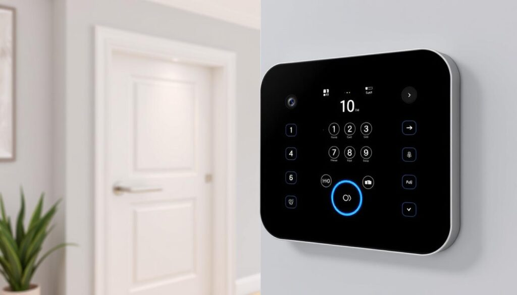 A sleek, modern smart home security system with multiple access methods. The main panel displays a crisp, high-resolution touchscreen interface, surrounded by discrete sensors and cameras. The foreground showcases an array of access options, including a fingerprint scanner, keypad, and facial recognition. The middle ground features a smart lock integrated seamlessly into the door frame, while the background depicts a well-lit, minimalist home interior with clean lines and neutral tones. The scene conveys a sense of advanced security, convenience, and technological sophistication, perfectly suited for a premium digital lock solution. A sleek, modern smart home security system with multiple access methods. The main panel displays a crisp, high-resolution touchscreen interface, surrounded by discrete sensors and cameras. The foreground showcases an array of access options, including a fingerprint scanner, keypad, and facial recognition. The middle ground features a smart lock integrated seamlessly into the door frame, while the background depicts a well-lit, minimalist home interior with clean lines and neutral tones. The scene conveys a sense of advanced security, convenience, and technological sophistication, perfectly suited for a premium digital lock solution.