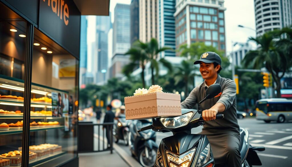 A sleek, modern storefront with a tempting display of fresh cakes and pastries in the foreground. In the middle ground, a professional-looking delivery driver in a clean uniform carefully transports a beautifully decorated cake box on a motorcycle. The background features the bustling streets of Singapore, with towering skyscrapers, lush greenery, and a vibrant, energetic atmosphere. The lighting is soft and warm, creating a welcoming and appetizing ambiance. The overall scene conveys a sense of convenience, quality, and the joy of receiving a delightful cake delivery in the heart of this dynamic city.