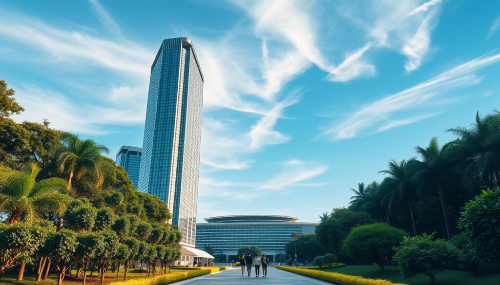 A sleek, modern university campus set against a backdrop of lush greenery. In the foreground, the iconic twin towers of the National University of Singapore rise majestically, their glass facades reflecting the surrounding environment. In the middle ground, students hurry across well-manicured pathways, their youthful energy palpable. The background features a clear blue sky, with wispy clouds adding a sense of tranquility. The lighting is warm and inviting, casting a gentle glow over the entire scene. The overall composition conveys a sense of academic excellence, innovation, and the pursuit of knowledge in a picturesque setting. A sleek, modern university campus set against a backdrop of lush greenery. In the foreground, the iconic twin towers of the National University of Singapore rise majestically, their glass facades reflecting the surrounding environment. In the middle ground, students hurry across well-manicured pathways, their youthful energy palpable. The background features a clear blue sky, with wispy clouds adding a sense of tranquility. The lighting is warm and inviting, casting a gentle glow over the entire scene. The overall composition conveys a sense of academic excellence, innovation, and the pursuit of knowledge in a picturesque setting.