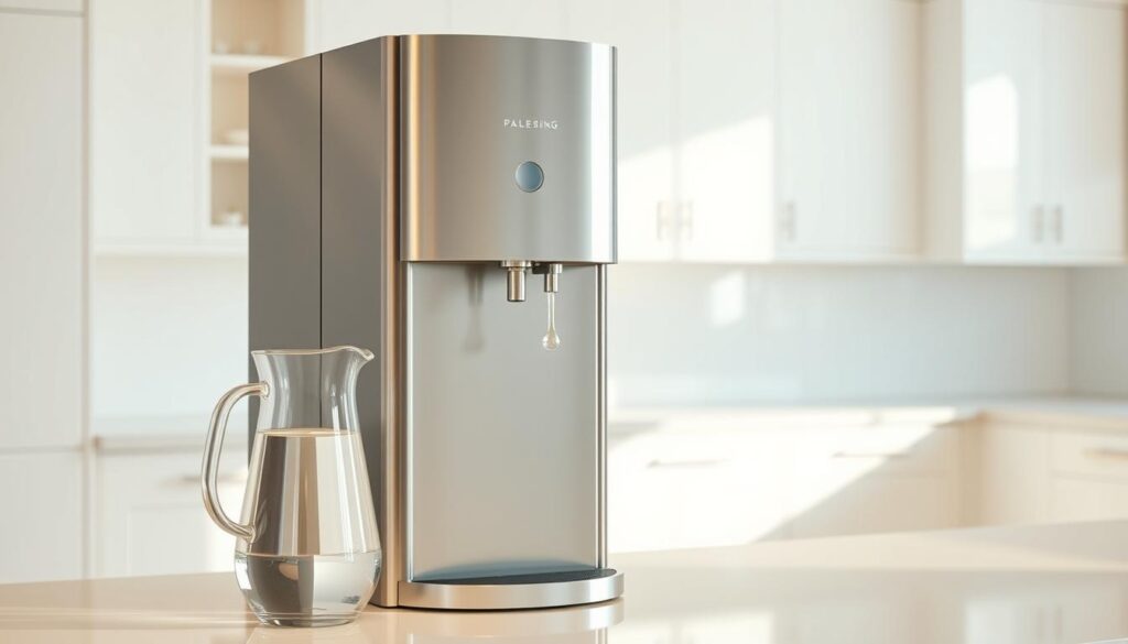 A sleek, modern water dispenser standing prominently in a bright, minimalist kitchen. The dispenser's metallic body gleams under warm, diffused lighting, its clean lines and intuitive controls inviting interaction. In the foreground, a glass carafe catches the freshly dispensed water, its clarity highlighting the dispenser's precise temperature and flow mechanisms. The middle ground reveals the dispenser's multiple water outlets, catering to different user needs. In the background, the kitchen's pristine white cabinets and countertops create a harmonious, high-end setting, emphasizing the water dispenser's role as a centerpiece of functionality and design.