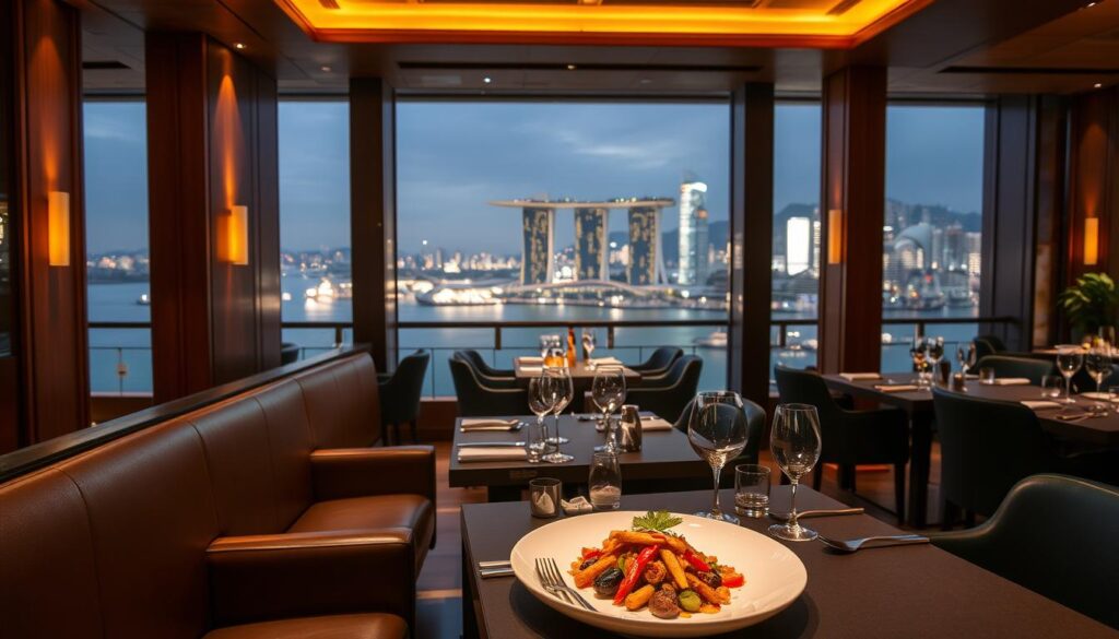 A sophisticated Italian restaurant, Altro Zafferano, nestled in the heart of Marina Bay, Singapore. The scene depicts the restaurant's elegant interior, with warm lighting casting a cozy glow over the wood-paneled walls and plush leather seating. In the foreground, a panoramic view of the iconic Marina Bay Sands and the sparkling waters of the bay frame the dining experience. The middle ground showcases the restaurant's meticulously presented Italian cuisine, with a focus on the vibrant saffron hues that give the establishment its name. The overall atmosphere exudes a sense of refined luxury, inviting diners to savor the exceptional cuisine while admiring the breathtaking urban landscape beyond the windows.