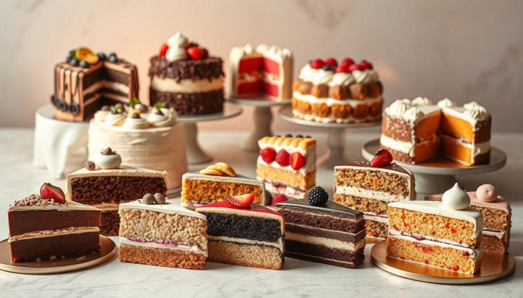 A sophisticated display of unique cake flavors, showcasing an artful arrangement of delectable desserts. In the foreground, an assortment of decadent slices, each with its own distinct color and texture, ranging from rich chocolate to vibrant fruit-infused creations. The middle ground features whole cakes, their surfaces adorned with intricate decorations and complementary toppings, hinting at the hidden flavors within. Against a soft, neutral background, the cakes are illuminated by warm, natural lighting, casting subtle shadows and highlighting the depth and dimension of each delightful offering. The overall scene emanates a sense of culinary excellence, inviting the viewer to indulge in a truly extraordinary cake-tasting experience.