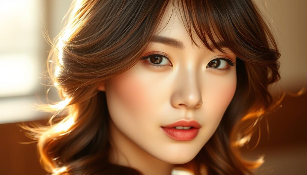A sophisticated, meticulously styled Korean hairstyle, showcasing the pinnacle of salon elegance. The model's hair is lustrous and impeccably coiffed, with delicate wispy bangs framing a serene, flawless visage. Warm, natural lighting casts a soft, ethereal glow, highlighting the rich, glossy tones and intricate textures of the expertly crafted hairdo. The model's expression radiates poise and confidence, exuding an aura of refined, understated glamour. The overall composition evokes a sense of harmony, balance, and the epitome of Korean hair artistry.