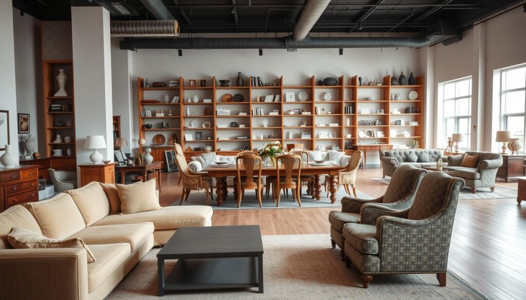 A spacious, light-filled showroom filled with an array of customizable and traditional furniture pieces. In the foreground, a modular sofa in a warm, natural fabric invites visitors to relax and imagine the piece in their own living space. Nearby, a sleek, minimalist coffee table with clean lines complements the sofa. In the middle ground, a solid wood dining table with intricately carved legs stands proudly, surrounded by elegant, high-backed chairs upholstered in a rich, textured fabric. In the background, tall wooden shelves display an assortment of decorative accents and accessories, creating a harmonious and visually appealing environment. The lighting is soft and diffused, casting a welcoming glow throughout the space.