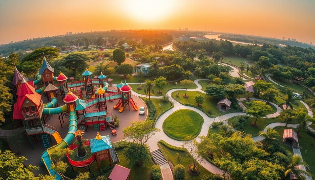 A sprawling adventure playground nestled within the verdant Bishan-Ang Mo Kio Park. In the foreground, a myriad of vibrant, whimsical play structures beckon children to climb, slide, and explore. Towering treehouse-like platforms, winding tube slides, and gently swaying rope bridges invite imaginative play. The middle ground features lush greenery and winding pathways, inviting visitors to immerse themselves in a natural oasis. In the background, the park's signature Ang Mo Kio river glistens under a warm, golden-hour sun, casting a serene, tranquil atmosphere. The lighting is soft and diffused, creating a sense of warmth and wonder. A wide-angle lens captures the expansive, inviting nature of this exceptional adventure playground.