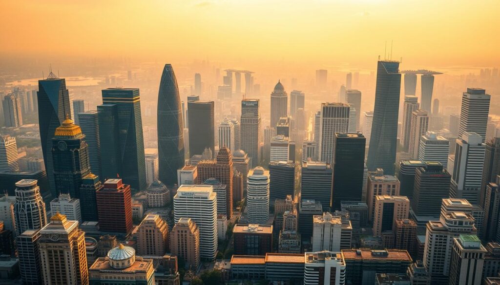 A sprawling cityscape of Singapore's iconic skyscrapers, bathed in warm, golden late-afternoon light. In the foreground, a carefully curated selection of stock tickers and financial data hovers above the city, reflecting the best high-yield dividend stocks in the nation. The middle ground features various charts, graphs, and visualizations that illustrate the performance and growth potential of these lucrative investments. The background is a hazy, dreamlike blur of the bustling financial district, underscoring the wealth and prosperity that these top-performing shares represent. The overall atmosphere is one of confidence, optimism, and the promise of reliable, long-term returns.