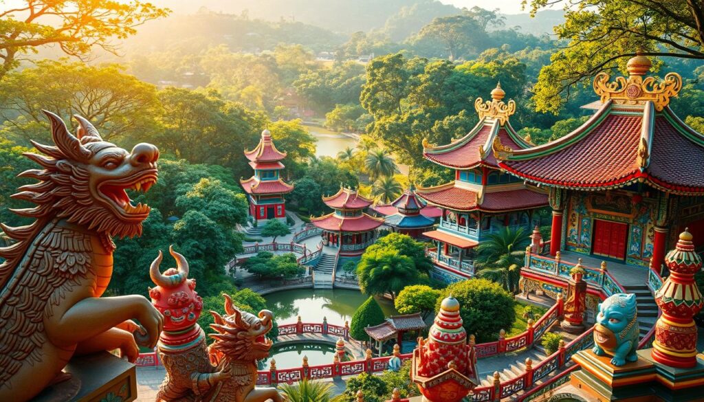 A sprawling cultural theme park, Haw Par Villa, with its vibrant, fantastical sculptures and structures. In the foreground, intricate, detailed carvings depict mythological figures and scenes from Chinese folklore. The middle ground showcases ornate pavilions and pagodas, adorned with ornate dragon motifs and vibrant tilework. In the background, lush, verdant foliage and a serene pond create a tranquil, immersive atmosphere. Warm, golden sunlight filters through the trees, casting a gentle glow over the entire scene. The image conveys a sense of wonder, history, and the rich cultural heritage of Singapore.
