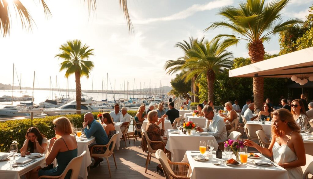 A sprawling outdoor cafe overlooking a serene harbor, sun-dappled tables set with crisp white linens and vibrant floral arrangements. In the foreground, well-dressed patrons sip artisanal coffee and savor decadent brunch dishes, laughter and conversation filling the air. The middle ground reveals a tranquil marina, yachts and sailboats gently rocking on the calm waters. Framing the scene, a row of lush palm trees and verdant foliage, creating a lush, tropical ambiance. Warm, golden light filters through wispy clouds, casting a soft, romantic glow over the entire setting. The perfect blend of elegant sophistication and picturesque natural beauty, a scenic oasis for an indulgent brunch experience.