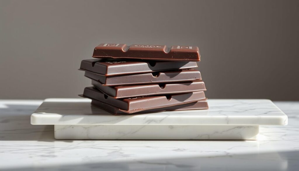 A stack of artisanal dark chocolate bars resting on a sleek, modern marble surface, their rich cocoa hues gleaming under soft, diffused lighting. The bars are elegantly arranged, with subtle shadows and highlights accentuating their sophisticated, minimalist packaging. The background is a serene, neutral palette, allowing the chocolates to take center stage. The overall composition exudes a sense of premium quality, elevated indulgence, and the refined, discerning tastes found in the vibrant culinary scene of Singapore.