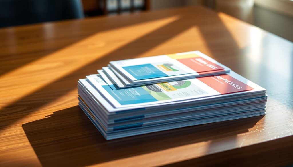 A stack of neatly organized loan packages sits on a polished, wooden desk, casting subtle shadows across the surface. The packages are meticulously arranged, their crisp, clean lines and vibrant colors conveying a sense of professionalism and attention to detail. The lighting is soft and even, creating a warm, inviting atmosphere that encourages the viewer to explore the offerings. The camera angle is slightly elevated, providing a comprehensive view of the desk and its contents, while maintaining a sense of symmetry and balance. The overall mood is one of reliability, trustworthiness, and the promise of financial solutions tailored to the viewer's needs.
