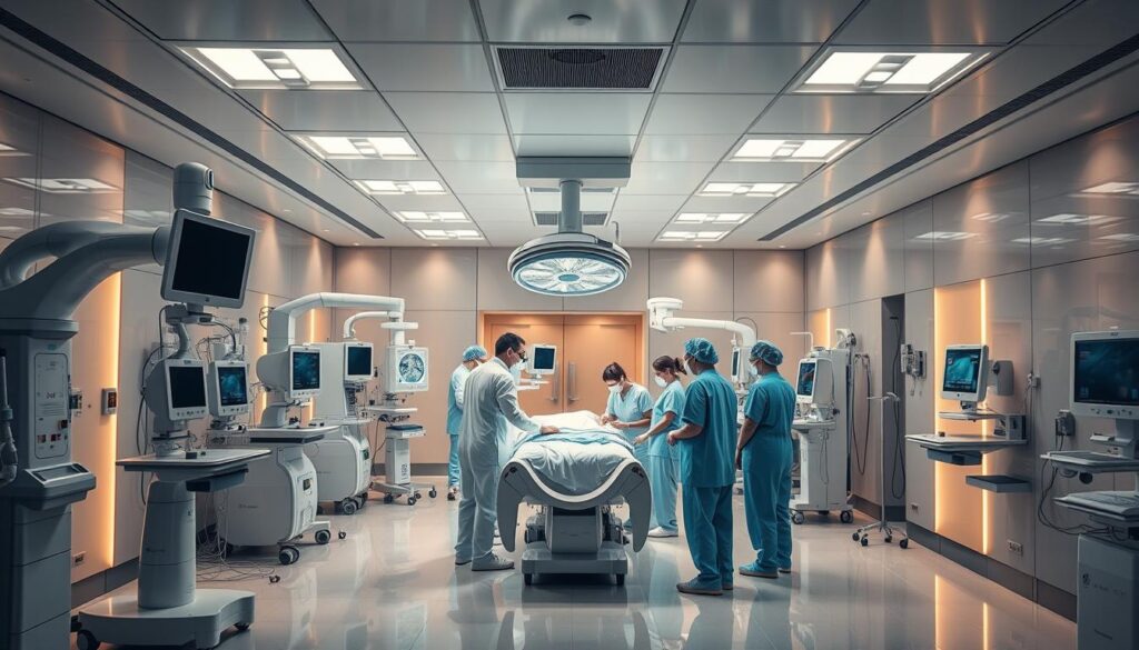 A state-of-the-art hospital ward, bathed in soft, warm lighting from recessed ceiling fixtures. Gleaming medical equipment lines the walls - advanced diagnostic machines, robotic surgical assistants, and cutting-edge therapeutic devices. In the center, a team of skilled physicians and nurses attend to their patients with the utmost care and precision, utilizing the latest advancements in medical science. The atmosphere is one of quiet efficiency and unwavering dedication to exceptional patient outcomes. The scene conveys a sense of technological sophistication seamlessly integrated with personalized, compassionate healthcare.