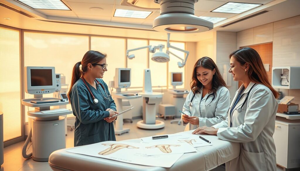 A state-of-the-art medical facility, its clean, modern interior bathed in warm, natural lighting. In the foreground, a team of skilled gynecologists examining a patient, their expressions conveying both compassion and expertise. On the examination table, anatomical diagrams and medical instruments subtly suggest the specialized nature of the care provided. In the background, sleek medical equipment and soothing decor create an atmosphere of trust and comfort, putting the patient at ease. The overall scene communicates the idea of comprehensive, personalized gynecological treatment, ready to address a wide range of conditions.