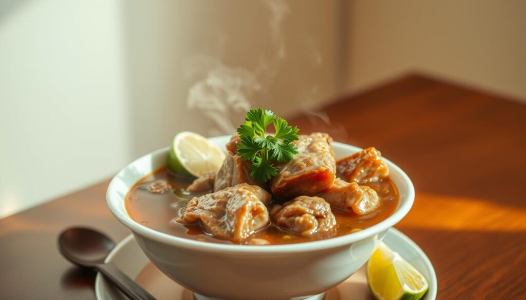 A steaming bowl of Bak Kut Teh, the classic Singaporean pork rib soup, sits at the center of the frame. The tender pork ribs are bathed in a rich, fragrant broth, infused with the earthy aroma of Chinese herbs and spices. A sprig of coriander adds a fresh, vibrant touch, while a wedge of lime offers a zesty contrast. The scene is lit by warm, natural light, casting a gentle glow on the dish and its surroundings. In the background, a simple wooden table and a plain wall create a minimalist, calming atmosphere, allowing the star of the show - the Bak Kut Teh - to take center stage. The overall composition evokes the iconic and beloved Song Fa Bak Kut Teh, a Michelin-approved classic in the heart of Singapore.