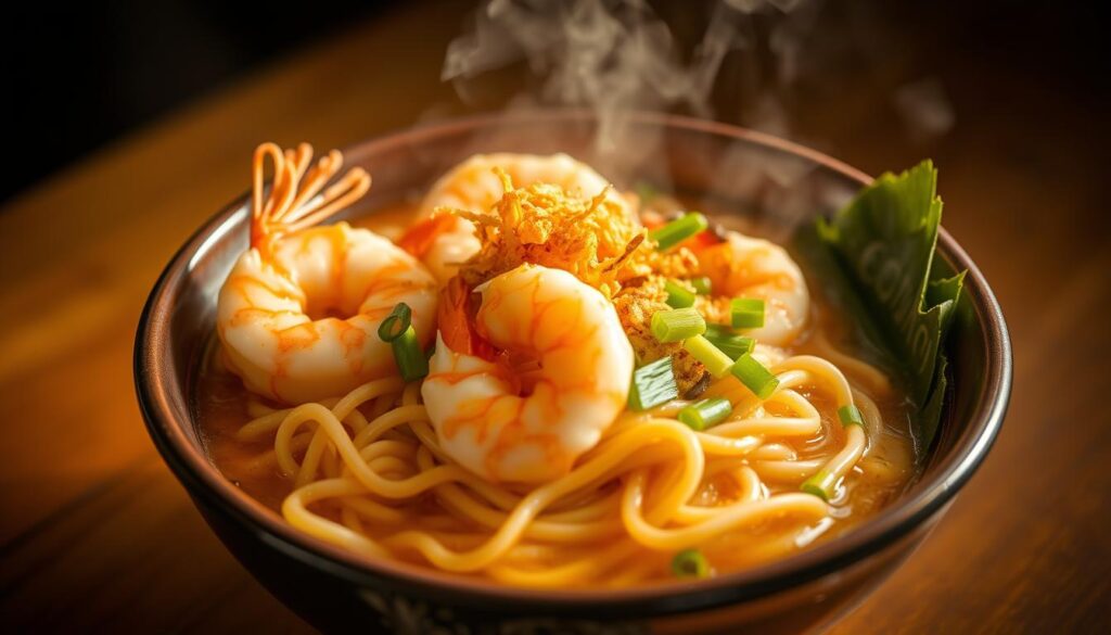 A steaming bowl of Blanco Court's signature three-in-one prawn noodles, the aroma of fresh seafood and aromatic spices wafting through the air. The noodles, cooked to a perfect al dente texture, are nestled in a rich, umami-packed broth, garnished with succulent prawns, crisp fried shallots, and vibrant green onions. The scene is captured in a warm, inviting light, with a subtle vignette effect that draws the eye to the center of the frame. The composition is balanced, with the noodles and toppings arranged in an artful, appetizing manner, showcasing the dish's delectable complexity and authenticity.