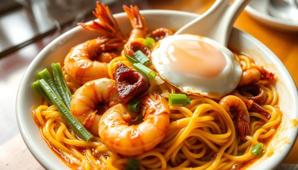 A steaming bowl of Hong Heng's signature Fried Sotong Prawn Mee, showcasing plump, juicy prawns and tender squid nestled in a bed of springy yellow noodles. The noodles are expertly wok-fried, emanating a captivating aroma of garlic, chili, and umami-rich soy sauce. Garnished with crunchy bean sprouts, aromatic scallions, and a perfectly cooked egg, the dish is a harmonious blend of textures and flavors. Captured in a warm, natural light, the scene evokes the vibrant energy and authentic flavors of a beloved Singaporean hawker stall.