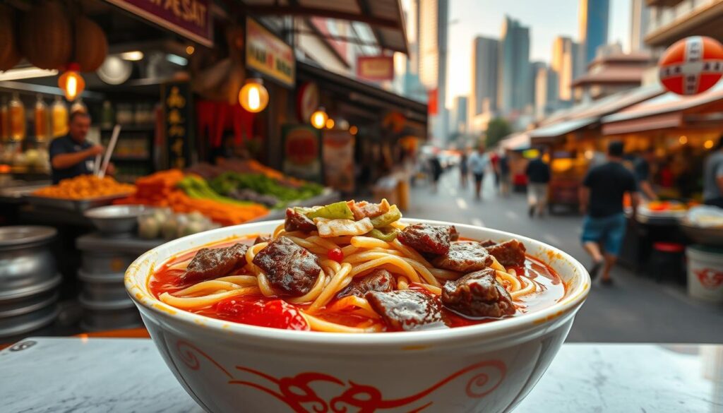 A steaming bowl of Sichuan spicy noodles in the heart of Singapore, set against the backdrop of a vibrant, bustling Asian street scene. In the foreground, the noodles glisten with a fiery red chili oil, topped with tender slices of braised beef and crunchy pickled vegetables. The middle ground features a lively street market, with vendors hawking fragrant spices, fresh produce, and sizzling street food. In the background, towering high-rises and traditional shophouses create a dynamic cityscape, bathed in warm, golden light. The overall atmosphere is one of tantalizing aromas, bold flavors, and the energy of a cosmopolitan Asian culinary destination.