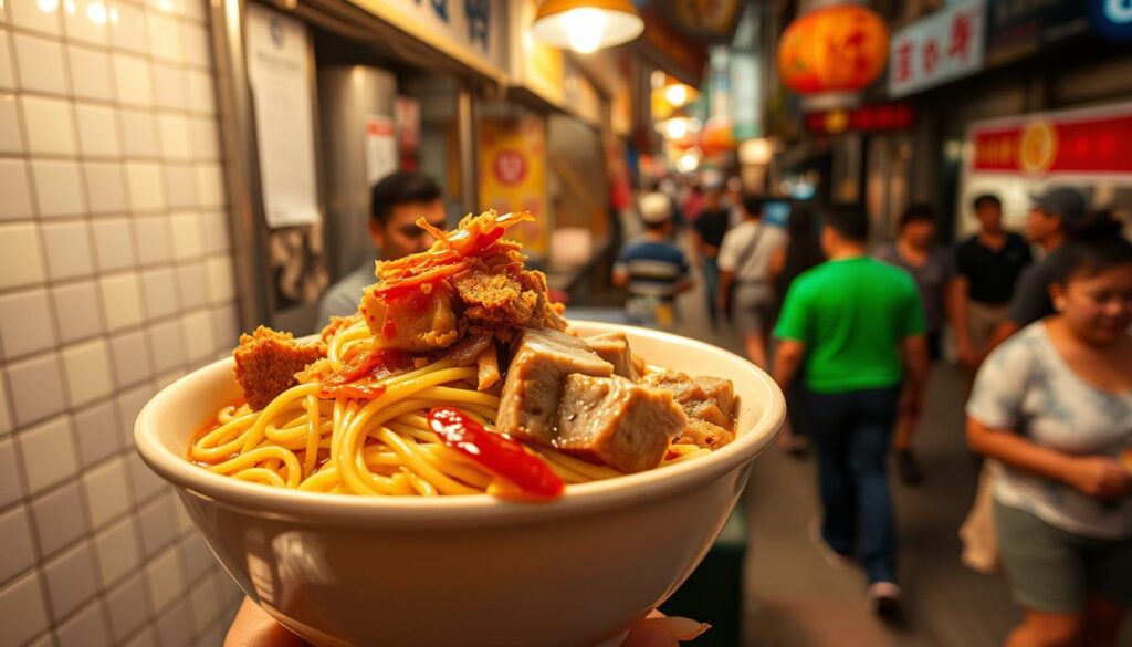 A steaming bowl of Tai Wah Pork Noodle, the signature dish of Hill Street Tai Hwa Pork Noodle in Singapore. In the foreground, a tangle of springy yellow noodles, topped with tender pork slices, crunchy pork lard, and a vibrant red chili sauce. The middle ground features a traditional Singaporean hawker stall, with its tiled walls, metal counter, and bustling atmosphere. In the background, a bustling street scene with people hurrying by, capturing the energy and liveliness of the iconic Chinatown neighborhood. Warm, directional lighting casts a golden glow, enhancing the rich, savory aromas and inviting the viewer to take a seat and enjoy this quintessential Singaporean delicacy.
