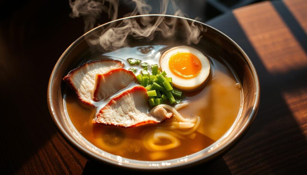 A steaming bowl of authentic Japanese ramen, the noodles swimming in a rich, savory broth. Slices of tender pork belly, soft-boiled egg, and vibrant green scallions add texture and depth. The scene is bathed in warm, natural light, casting a cozy glow and reflecting off the glistening surface. The bowl is positioned on a dark, wooden table, creating a striking contrast. The atmosphere is one of calm, quiet contemplation, inviting the viewer to savor every bite of this innovative, artisanal creation.