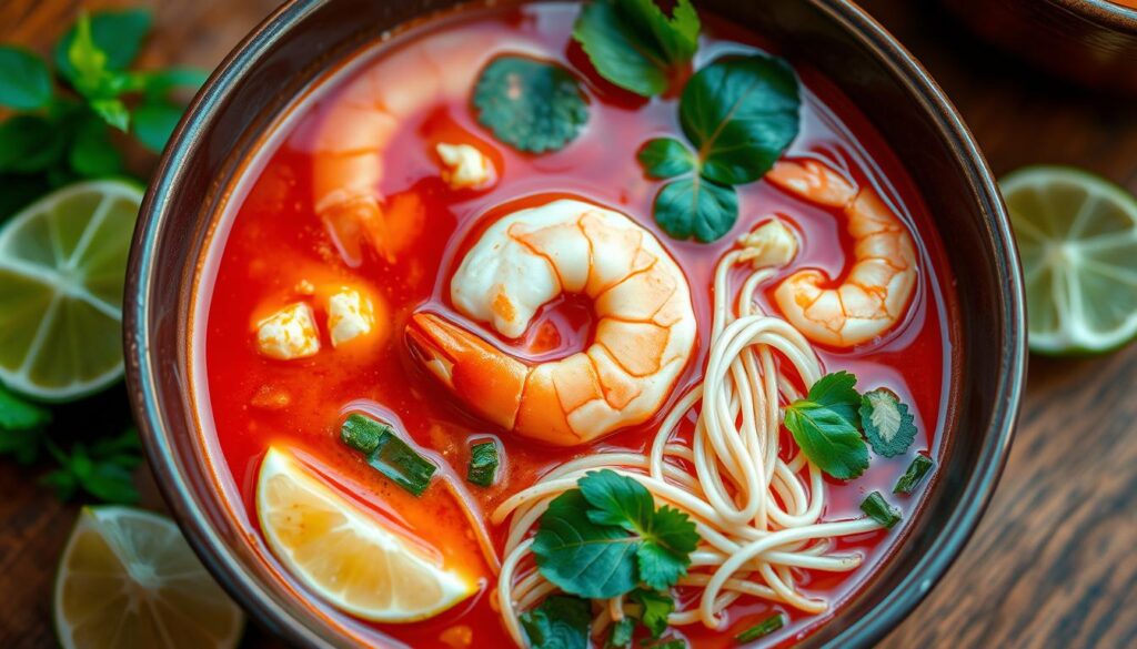 A steaming bowl of authentic Singaporean laksa, a captivating fusion of spices, coconut milk, and succulent seafood. The vivid crimson broth glistens under warm, soft lighting, inviting you to savor its depth of flavors. Springy rice noodles and tender shrimp intertwine, framed by a garnish of fresh lime wedges, bean sprouts, and fragrant herbs. The scene exudes an atmosphere of vibrant, mouthwatering allure, capturing the essence of Singapore's renowned culinary heritage. A high-angle shot showcases the dish's enticing presentation, enticing the viewer to indulge in this iconic Singaporean delicacy.