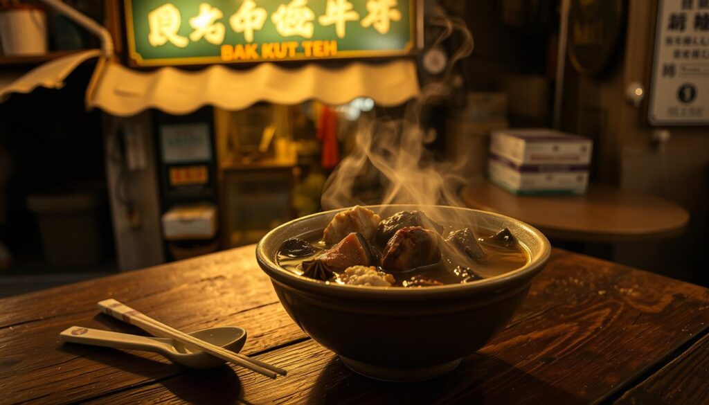 A steaming bowl of bak kut teh, the traditional Hokkien herbal pork rib soup, sits on a weathered wooden table. Wispy tendrils of fragrant steam rise from the dark broth, infused with the earthy aromas of star anise, cinnamon, and Chinese herbs. In the background, a dimly lit shophouse facade exudes an old-world charm, its peeling paint and worn signage hinting at decades of history. The scene is bathed in the warm, golden glow of soft lighting, creating an intimate, nostalgic atmosphere. A pair of chopsticks and a ceramic spoon await, ready to guide the diner on a sensory journey through the rich, comforting flavors of traditional Hokkien bak kut teh.